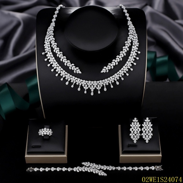 925 Sterling Silver Double Layer Teardrop Cubic Zirconia Fringe 4 Piece Bridal Jewelry Set Necklace Bracelet Earrings Ring