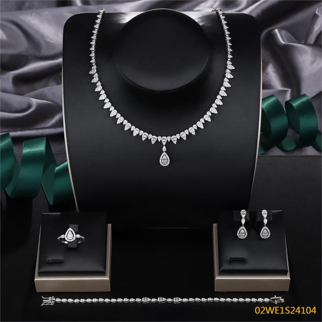 925 Sterling Silver Pear Halo Cubic Zirconia Single Pendant 4 Piece Bridal Jewelry Set Necklace Bracelet Earrings Ring