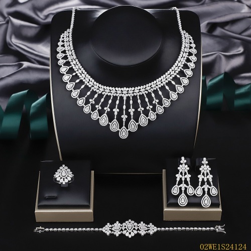 925 Sterling Silver Teardrop Petal CZ Bib Collar 4 Piece Bridal Jewelry Set Necklace Bracelet Earrings Ring