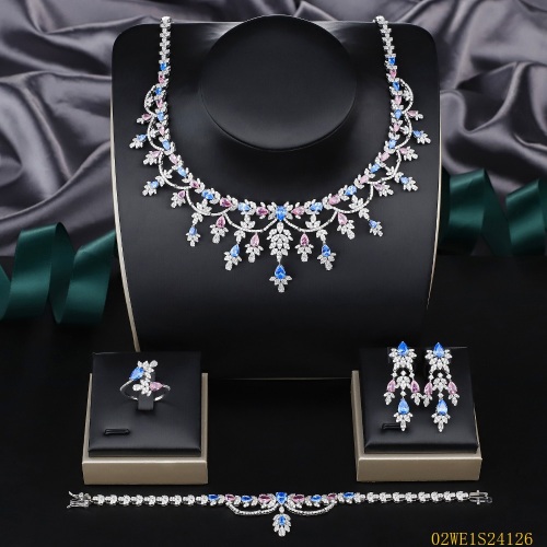 925 Sterling Silver Pink Blue Floral CZ Bib Collar 4 Piece Bridal Jewelry Set Necklace Bracelet Earrings Ring