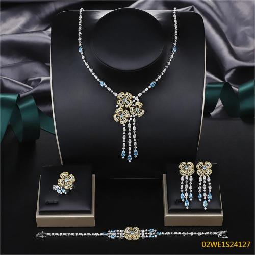 925 Sterling Silver Gold Tone Rose Blue CZ Tassel Y-Drop 4 Piece Bridal Jewelry Set Necklace Bracelet Earrings Ring