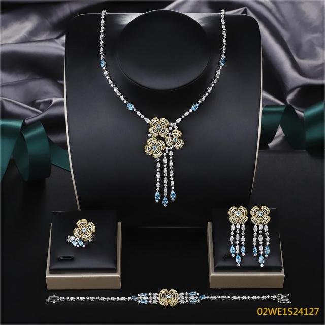 925 Sterling Silver Gold Tone Rose Blue CZ Tassel Y-Drop 4 Piece Bridal Jewelry Set Necklace Bracelet Earrings Ring