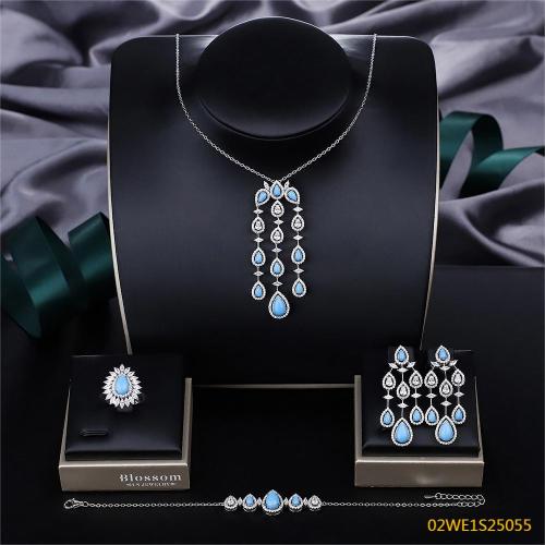 925 Sterling Silver Turquoise Pear CZ Tassel Y-Drop 4 Piece Bridal Jewelry Set Necklace Bracelet Earrings Ring