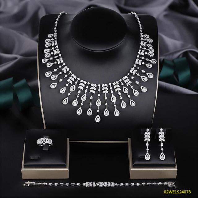 925 Sterling Silver Pavé Teardrop Cubic Zirconia Fan Fringe Collar 4 Piece Wedding Jewelry Set Necklace Bracelet Earrings Ring