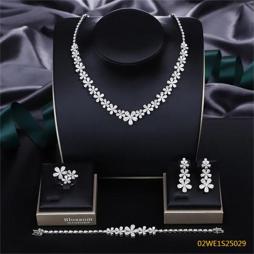 925 Sterling Silver All White Floral CZ V-Neck 4 Piece Bridal Jewelry Set Necklace Bracelet Earrings Ring