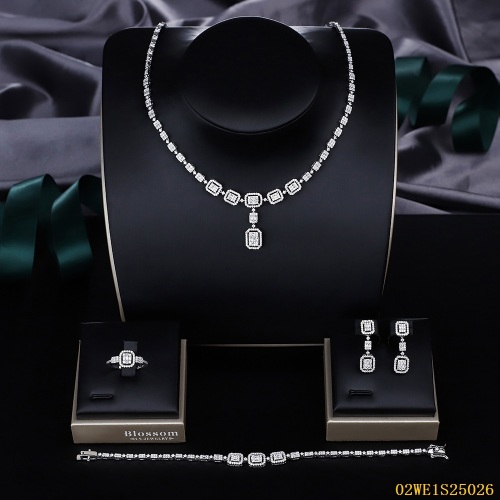 925 Sterling Silver Emerald Cut Halo CZ Pendant 4 Piece Bridal Jewelry Set Necklace Bracelet Earrings Ring