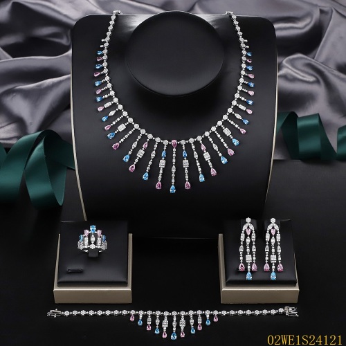 925 Sterling Silver Multi Color CZ Tassel Fringe Collar 4 Piece Bridal Jewelry Set Necklace Bracelet Earrings Ring