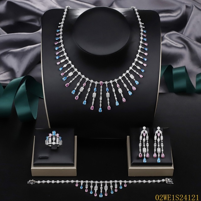 925 Sterling Silver Multi Color CZ Tassel Fringe Collar 4 Piece Bridal Jewelry Set Necklace Bracelet Earrings Ring