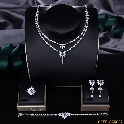 925 Sterling Silver Amethyst Purple Flower Marquise CZ Double Layer 4 Piece Bridal Jewelry Set Necklace Bracelet Earrings Ring