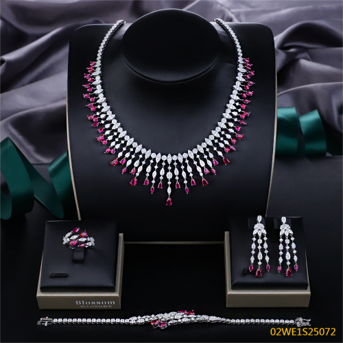 925 Sterling Silver Ruby Red Pear CZ Fringe Bib 4 Piece Bridal Jewelry Set Necklace Bracelet Earrings Ring