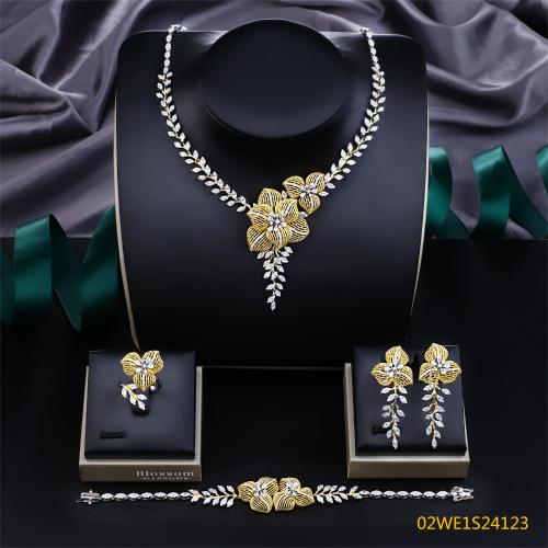 925 Sterling Silver Gold Tone Flower CZ Y-Drop 4 Piece Bridal Jewelry Set Necklace Bracelet Earrings Ring