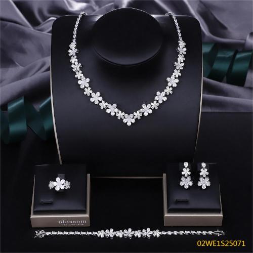 925 Sterling Silver Multi-Flower CZ V-Neck 4 Piece Bridal Jewelry Set Necklace Bracelet Earrings Ring