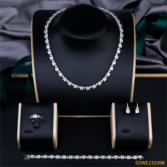 Blossom CS Jewelry 925 Sterling Silver Square Princess Cut CZ 4 Piece Women Bridal Jewelry Set