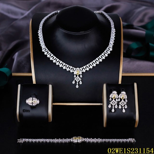 Blossom CS Jewelry 925 Sterling Silver V Shape Yellow Center CZ 4 Piece Women Bridal Jewelry Set