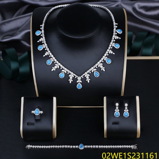 Blossom CS Jewelry 925 Sterling Silver Teardrop Turquoise Blue CZ 4 Piece Women Bridal Jewelry Set