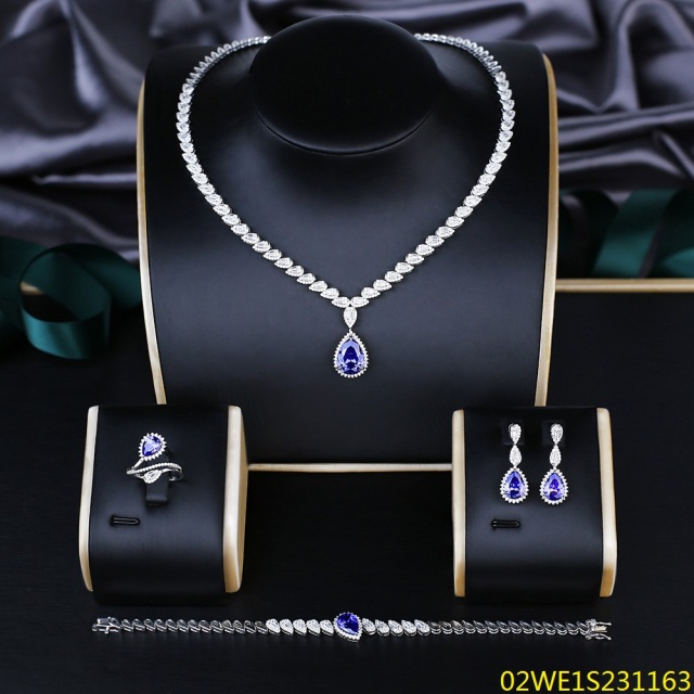 Blossom CS Jewelry 925 Sterling Silver Teardrop Purple CZ 4 Piece Women Bridal Jewelry Set