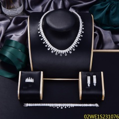 Blossom CS Jewelry 925 Sterling Silver V Shape Baguette & Teardrop CZ 4 Piece Women Bridal Jewelry Set