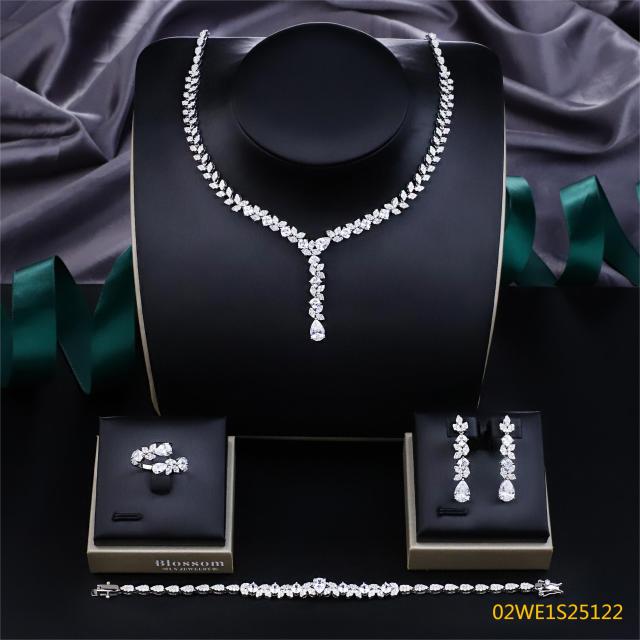 925 Sterling Silver Marquise & Pear CZ Y-Drop 4 Piece Bridal Jewelry Set Necklace Bracelet Earrings Ring