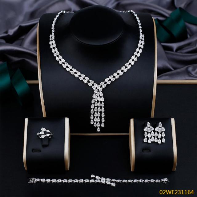 Blossom CS Jewelry 925 Sterling Silver Teardrop CZ Tassel 4 Piece Women Bridal Jewelry Set