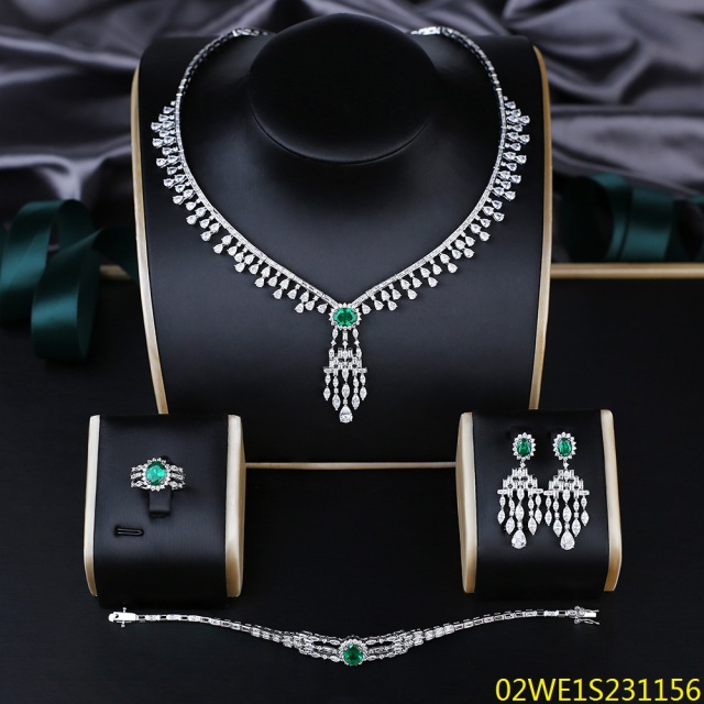 Blossom CS Jewelry 925 Sterling Silver Tassel Green Emerald CZ 4 Piece Women Bridal Jewelry Set