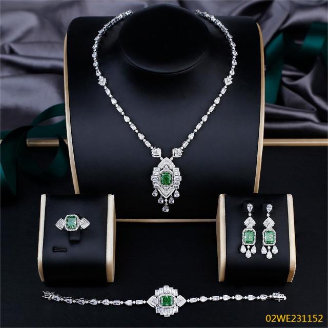 Blossom CS Jewelry 925 Sterling Silver Art Deco Green Emerald CZ 4 Piece Women Bridal Jewelry Set
