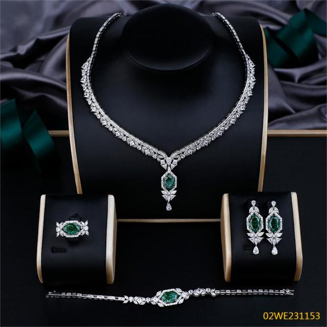 Blossom CS Jewelry 925 Sterling Silver Oval Green Emerald CZ 4 Piece Women Bridal Jewelry Set