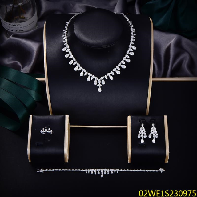 Blossom CS Jewelry 925 Sterling Silver V Shape Teardrop CZ 4 Piece Women Bridal Jewelry Set