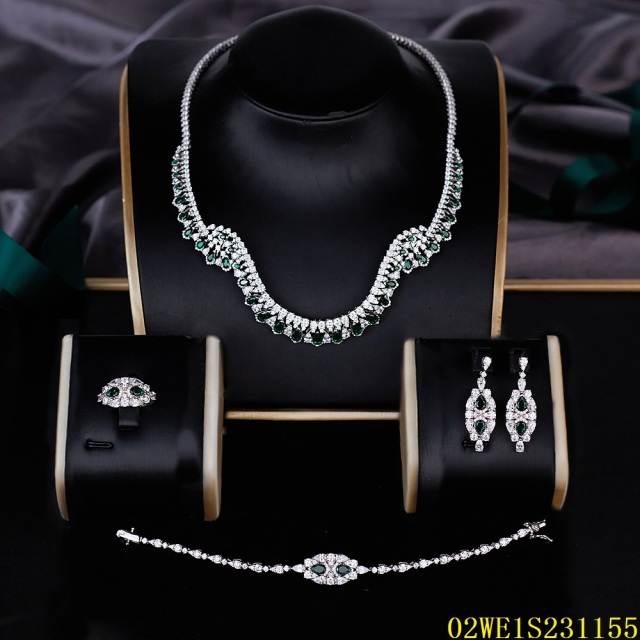 Blossom CS Jewelry 925 Sterling Silver Wave Green Emerald CZ 4 Piece Women Bridal Jewelry Set