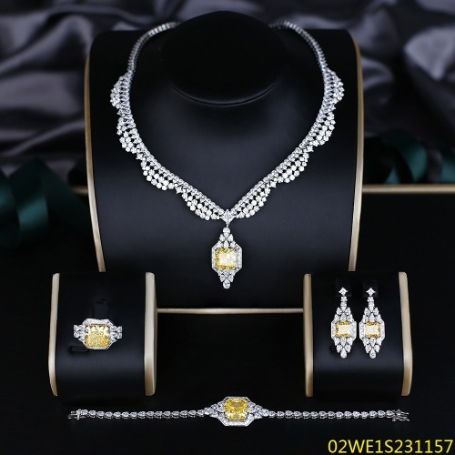 Blossom CS Jewelry 925 Sterling Silver Rectangular Yellow CZ 4 Piece Women Bridal Jewelry Set