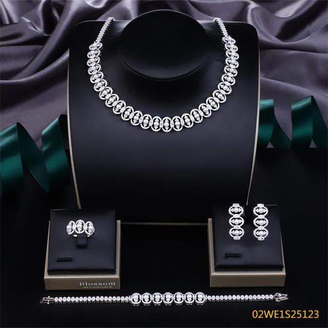 925 Sterling Silver Oval Frame CZ Pearl 4 Piece Bridal Jewelry Set Necklace Bracelet Earrings Ring