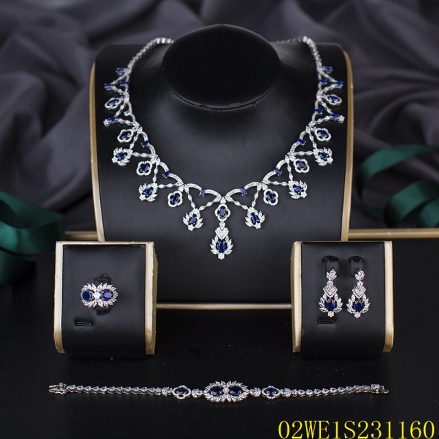 Blossom CS Jewelry 925 Sterling Silver Vine Blue CZ 4 Piece Women Bridal Jewelry Set
