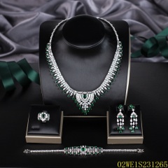 Blossom CS Jewelry 925 Silver Green & White Cubic Zirconia V Shape Fringe Bridal 4Pcs Jewelry Set