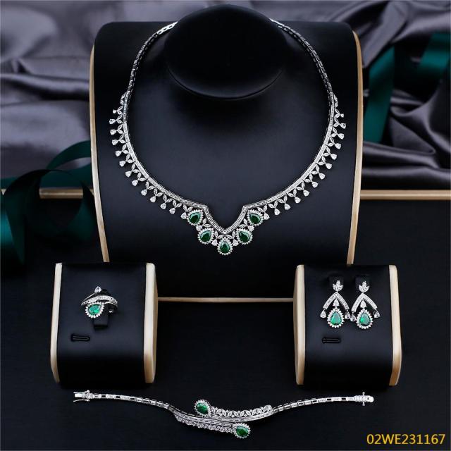 Blossom CS Jewelry 925 Sterling Silver Teardrop Green Cubic Zirconia 4Pcs Bridal Jewelry Set Necklace Earrings Ring Bracelet