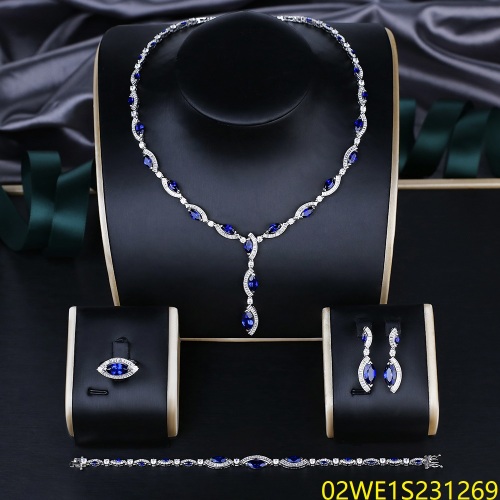 Blossom CS Jewelry 925 Silver Blue & White Cubic Zirconia Marquise Y Drop Bridal 4Pcs Jewelry Set