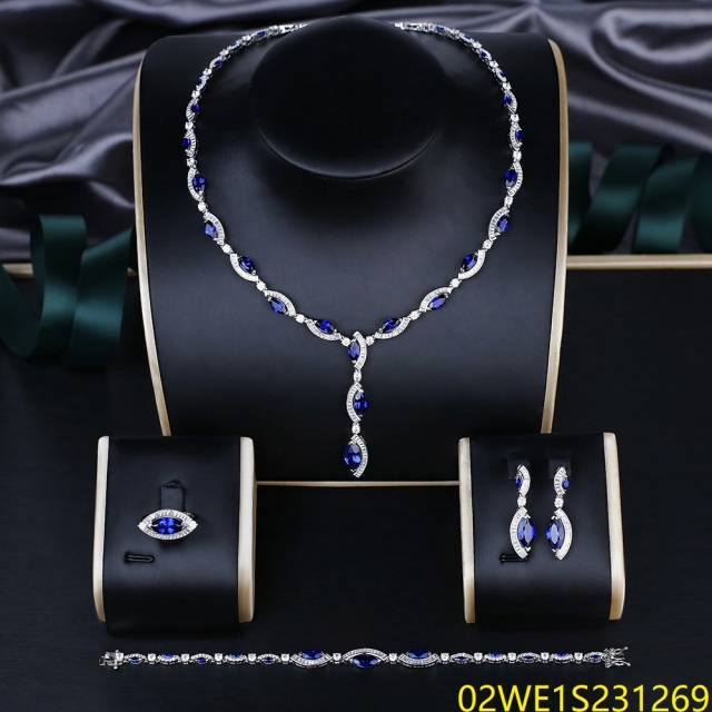 Blossom CS Jewelry 925 Silver Blue & White Cubic Zirconia Marquise Y Drop Bridal 4Pcs Jewelry Set