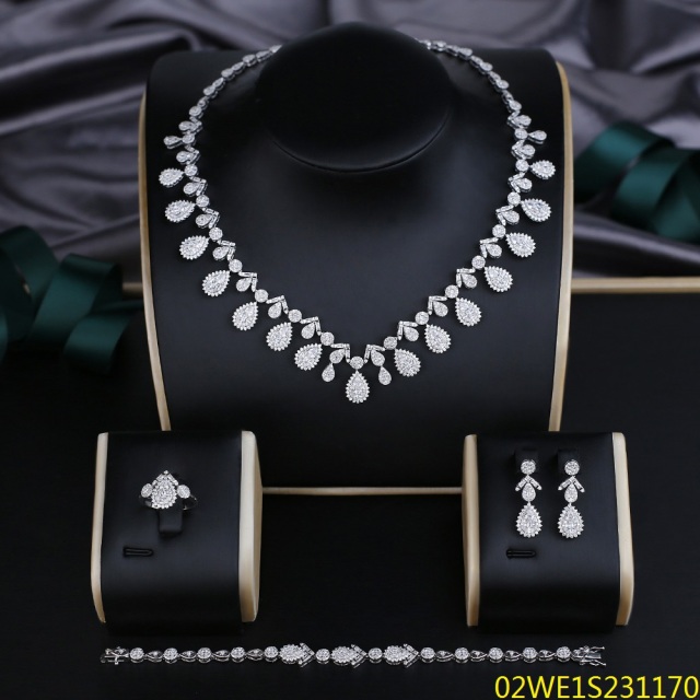 Blossom CS Jewelry 925 Sterling Silver Teardrop Clear Cubic Zirconia 4Pcs Bridal Jewelry Set Necklace Earrings Ring Bracelet