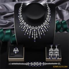 Blossom CS Jewelry 925 Silver Blue & White Cubic Zirconia Fringe Collar Bridal 4Pcs Jewelry Set