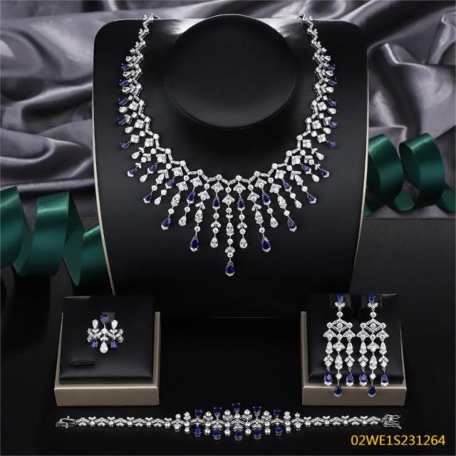 Blossom CS Jewelry 925 Silver Blue & White Cubic Zirconia Fringe Collar Bridal 4Pcs Jewelry Set