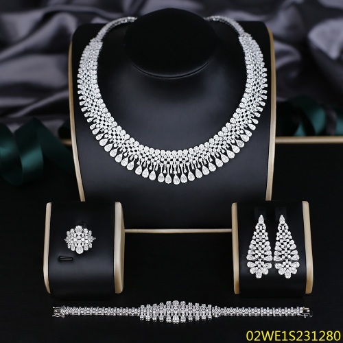 Blossom CS Jewelry 925 Silver All White Cubic Zirconia Teardrop Fringe Collar Bridal 4Pcs Jewelry Set