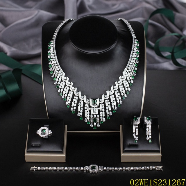 Blossom CS Jewelry 925 Silver Green & White Cubic Zirconia Square Art Deco Bridal 4Pcs Jewelry Set
