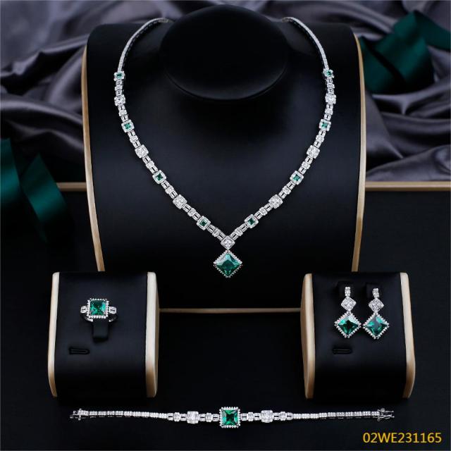 Blossom CS Jewelry 925 Sterling Silver Women Jewelry Set Square Green Cubic Zirconia Necklace Earrings Ring Bracelet for Wedding Party