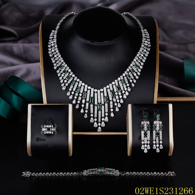 Blossom CS Jewelry 925 Silver Green & White Cubic Zirconia Baguette Fringe Bridal 4Pcs Jewelry Set