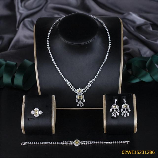 Blossom CS Jewelry 925 Silver Yellow & White Cubic Zirconia Floral Pendant Y Bridal 4Pcs Jewelry Set