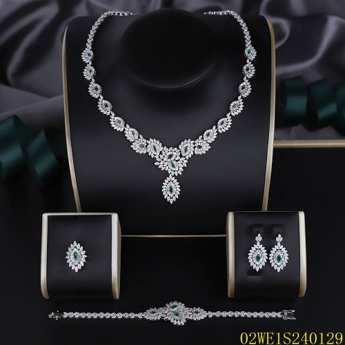 Blossom CS Jewelry 925 Silver Emerald Green & White Cubic Zirconia Floral Teardrop Pendant Bridal 4Pcs Jewelry Set