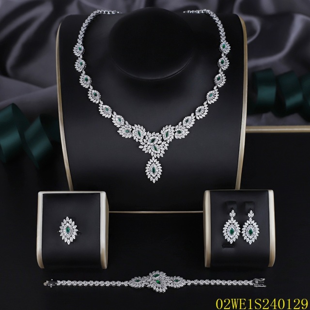 Blossom CS Jewelry 925 Silver Emerald Green & White Cubic Zirconia Floral Teardrop Pendant Bridal 4Pcs Jewelry Set