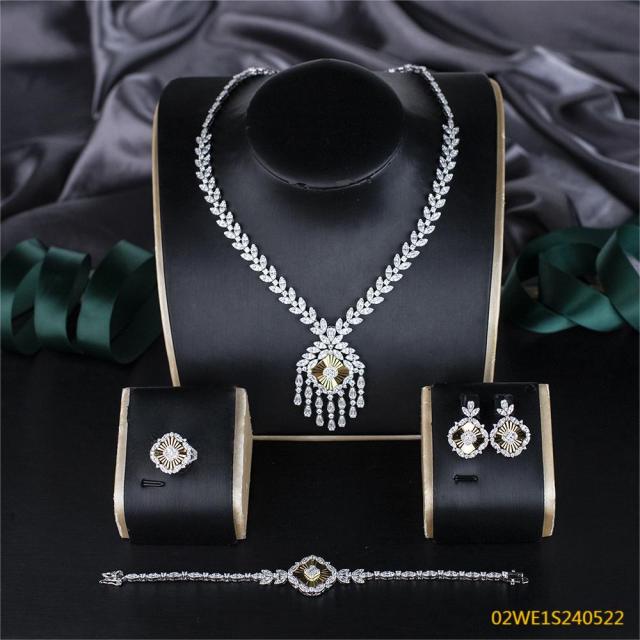Blossom CS Jewelry 925 Silver Two Tone Marquise Sunburst Tassel Bridal 4Pcs Jewelry Set