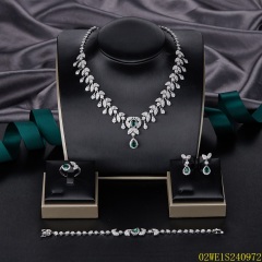 Blossom CS Jewelry 925 Silver Leaf Emerald Cubic Zirconia Bridal 4Pcs Jewelry Set