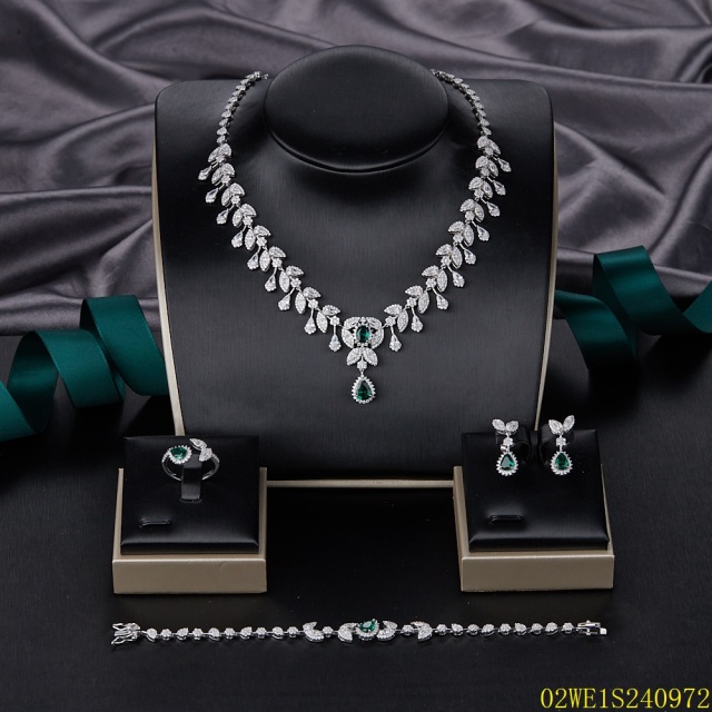 Blossom CS Jewelry 925 Silver Leaf Emerald Cubic Zirconia Bridal 4Pcs Jewelry Set