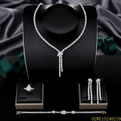 Blossom CS Jewelry 925 Silver White Cubic Zirconia Teardrop Tassel Lariat Bridal 4Pcs Jewelry Set
