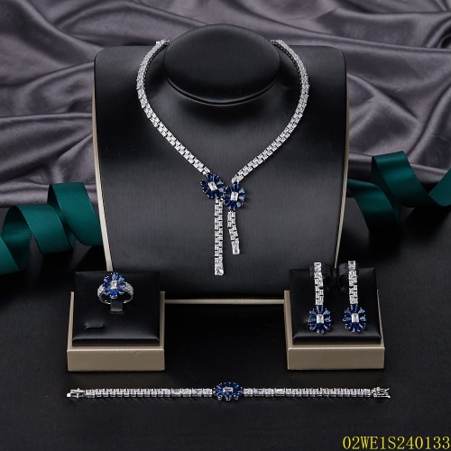 Blossom CS Jewelry 925 Silver Sapphire Blue & White Cubic Zirconia Floral Lariat Tassel Bridal 4Pcs Jewelry Set